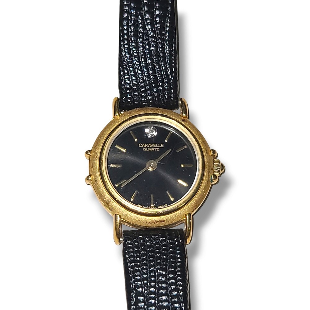 Vintage Caravelle Bulova Quartz Ladies Watch Black Dial Gold Leather Needs Bat.